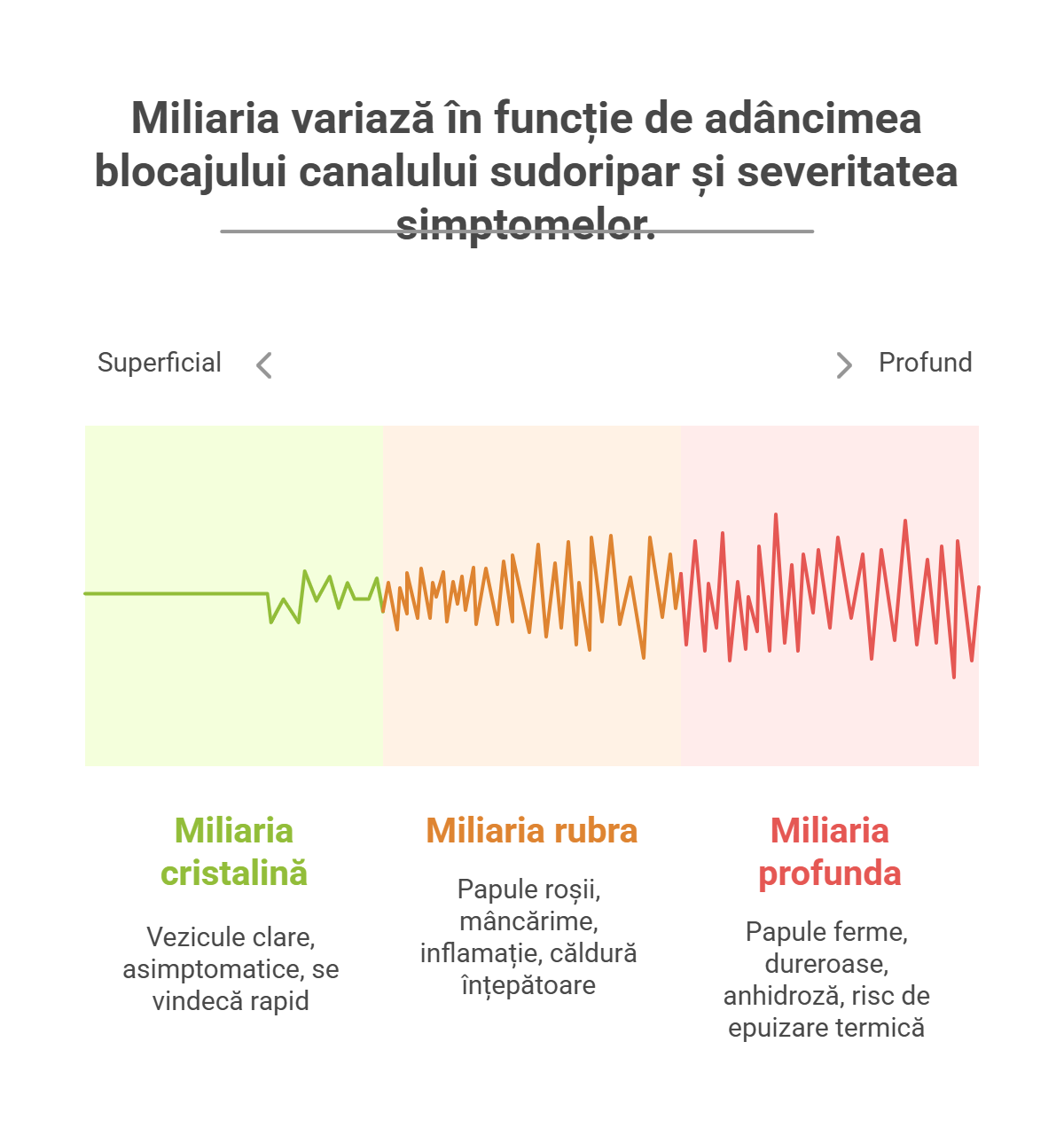 Miliaria variază în funcție de adâncimea blocajului canalului sudoripar și severitatea simptomelor.
